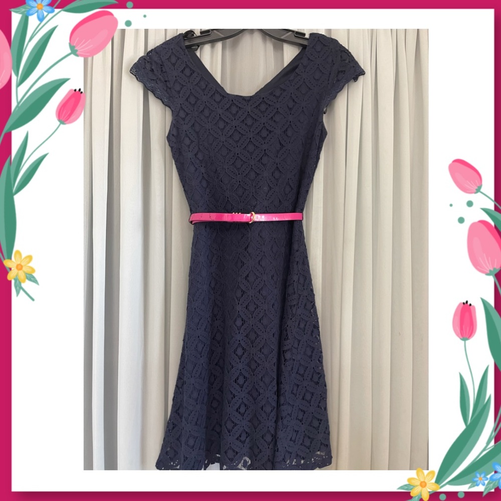 Lace dress with belt and  cap sleeves
